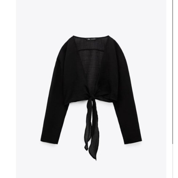 NWT Zara Sheer Black Collar Cropped Knot Tie Textured Top Swim Cover S New - Picture 14 of 15